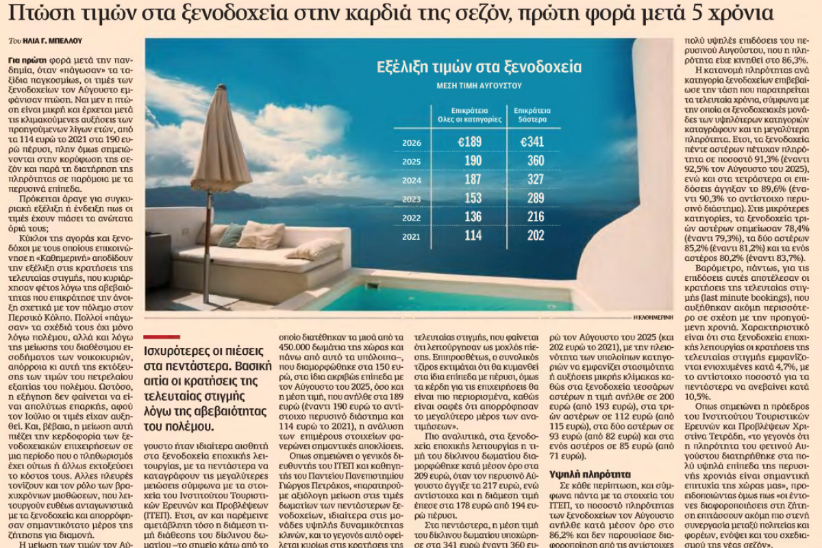 Δημοσίευμα της εφημερίδας «Η Καθημερινή» για τη μηνιαία έρευνα πάνελ Αυγούστου του ΙΤΕΠ